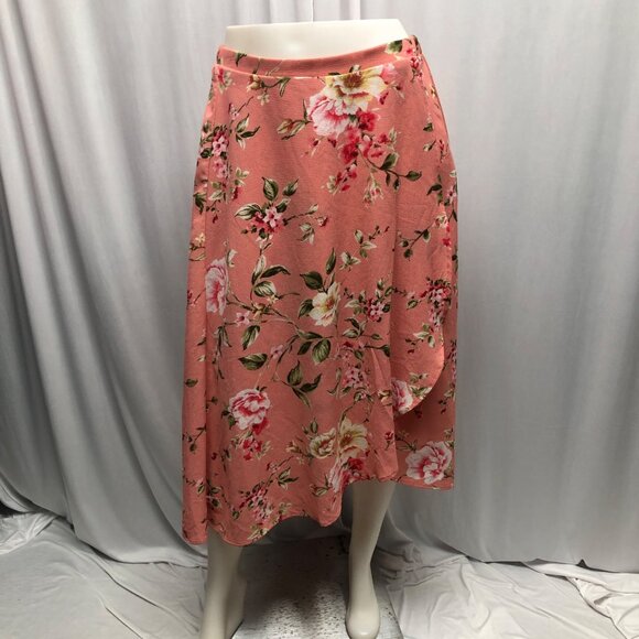 Bobeau Asymmetrical Midi Skirt Womens Size Medium Coral Floral Faux Wrap Fairy - Picture 1 of 8